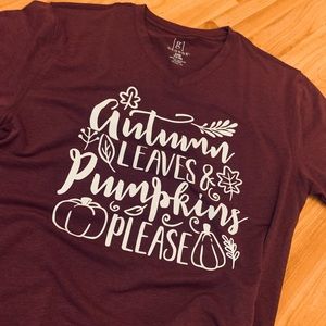 Maroon T-shirt, Autumn Leaves and Pumpkins Please.